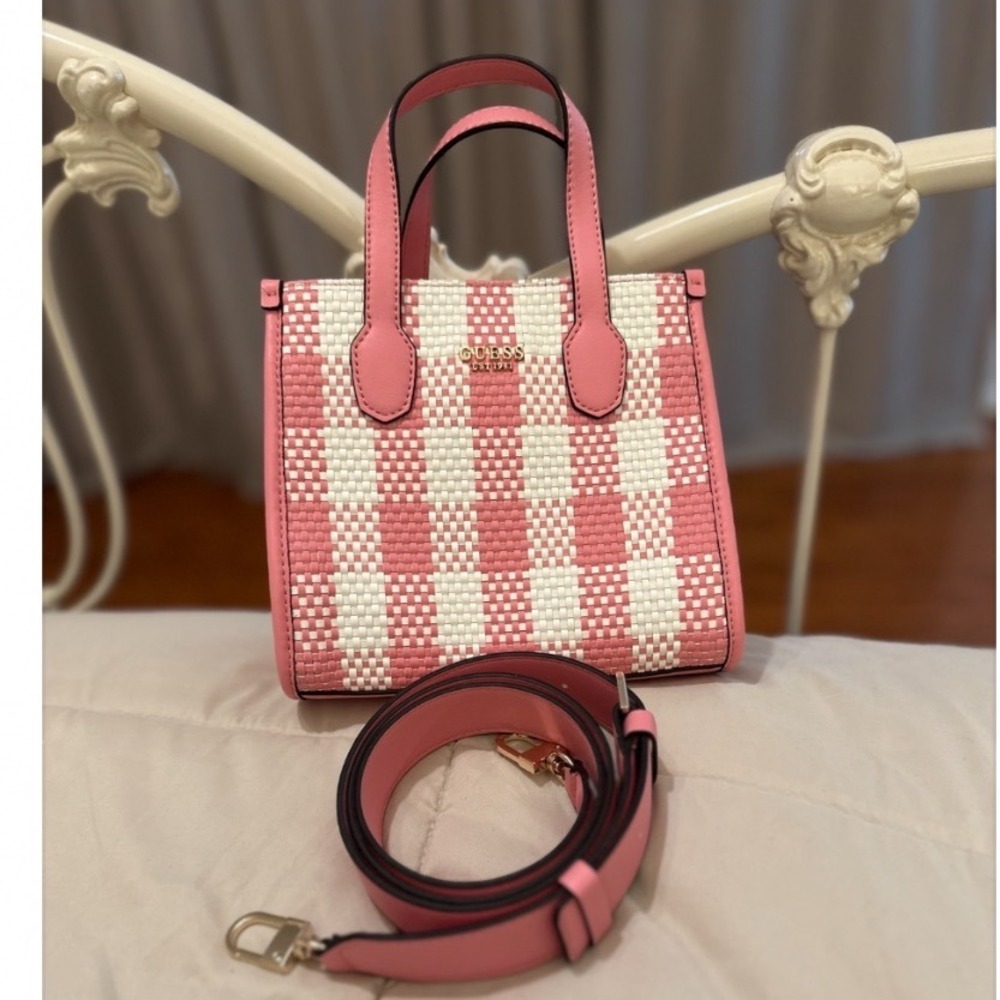 Guess Pink Bag Purse Double Handle Small Crossbody Pink‎ Checked Barbie Canvas